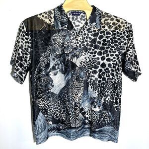 Vintage Verse Sport Animal Print‎ Button Up Shirt Leopard Cheetah Sheer Top XL